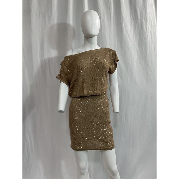 Sovere 'Gleam' Gold Sequin Embellished One Shoulder Mini Dress Size S - Picture 2 of 5